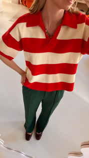 Nina polo trui korte mouwen rood/ecru