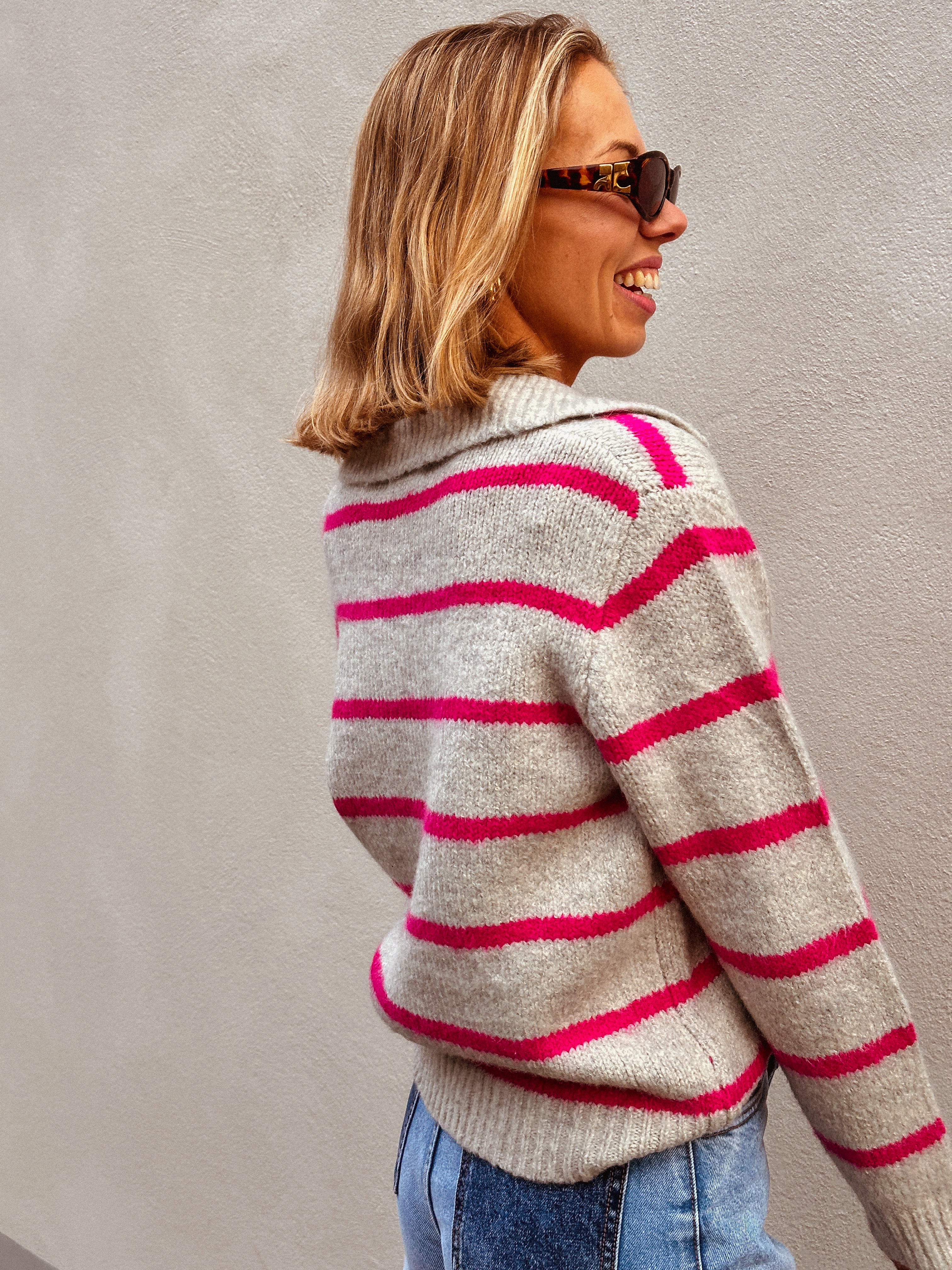 Laurence trui grijs/fuchsia gestreept