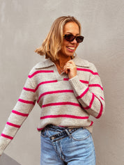 Laurence trui grijs/fuchsia gestreept