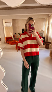 Nina polo trui korte mouwen rood/ecru