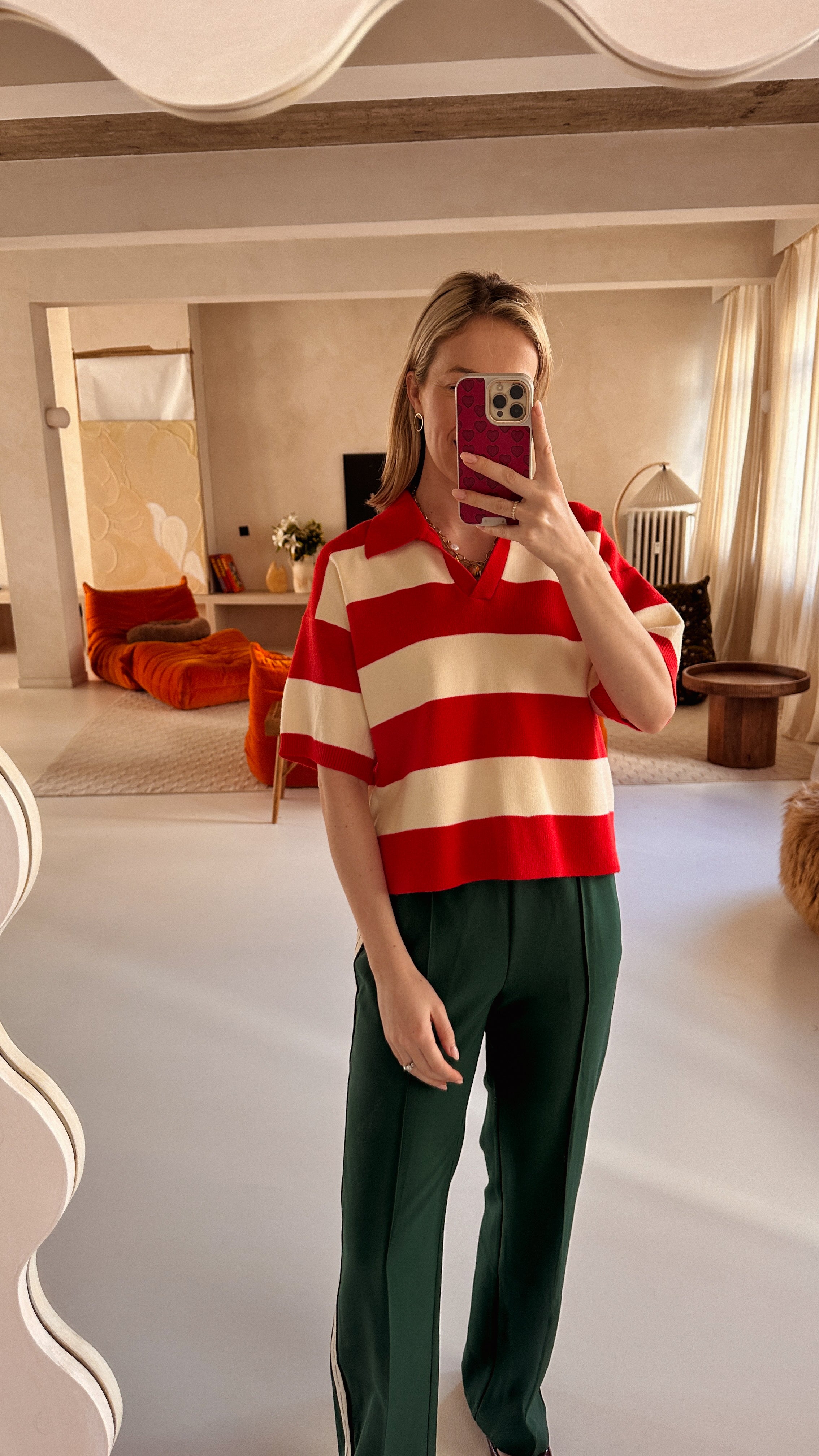 Nina polo trui korte mouwen rood/ecru