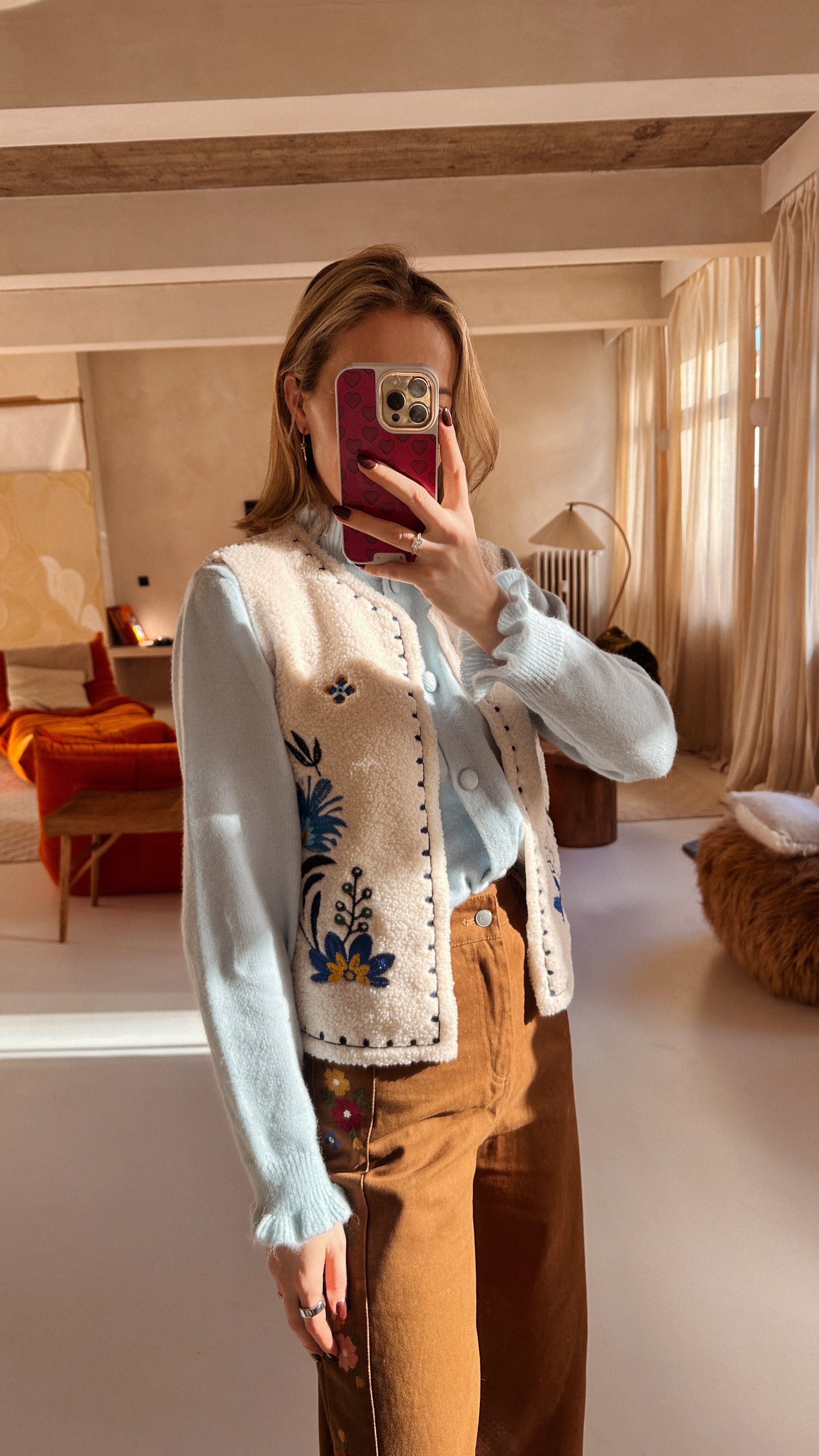 Aria teddy gilet gebloemd blauw