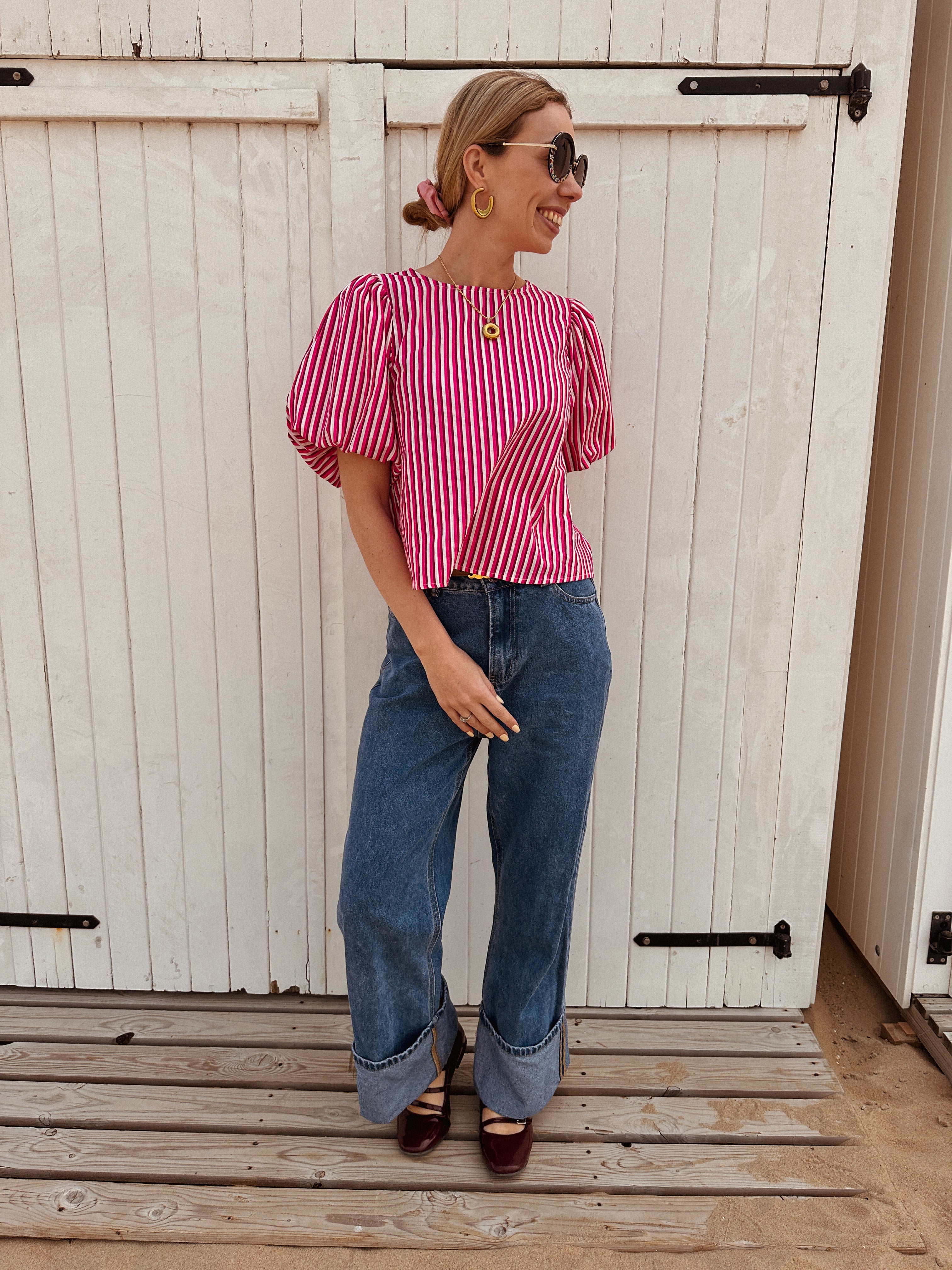 Jane stripe balloon sleeve blouse