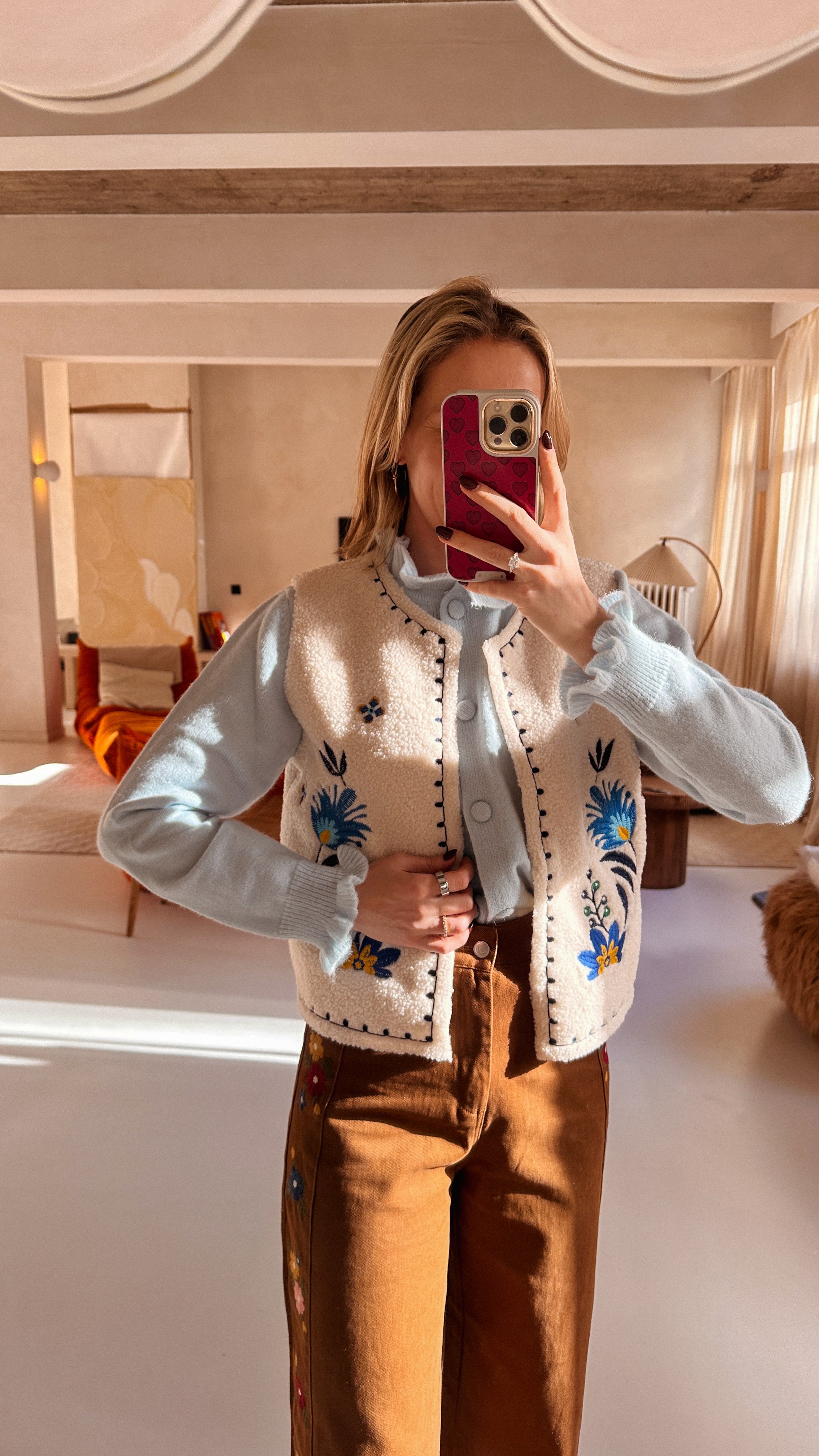 Aria teddy gilet gebloemd blauw