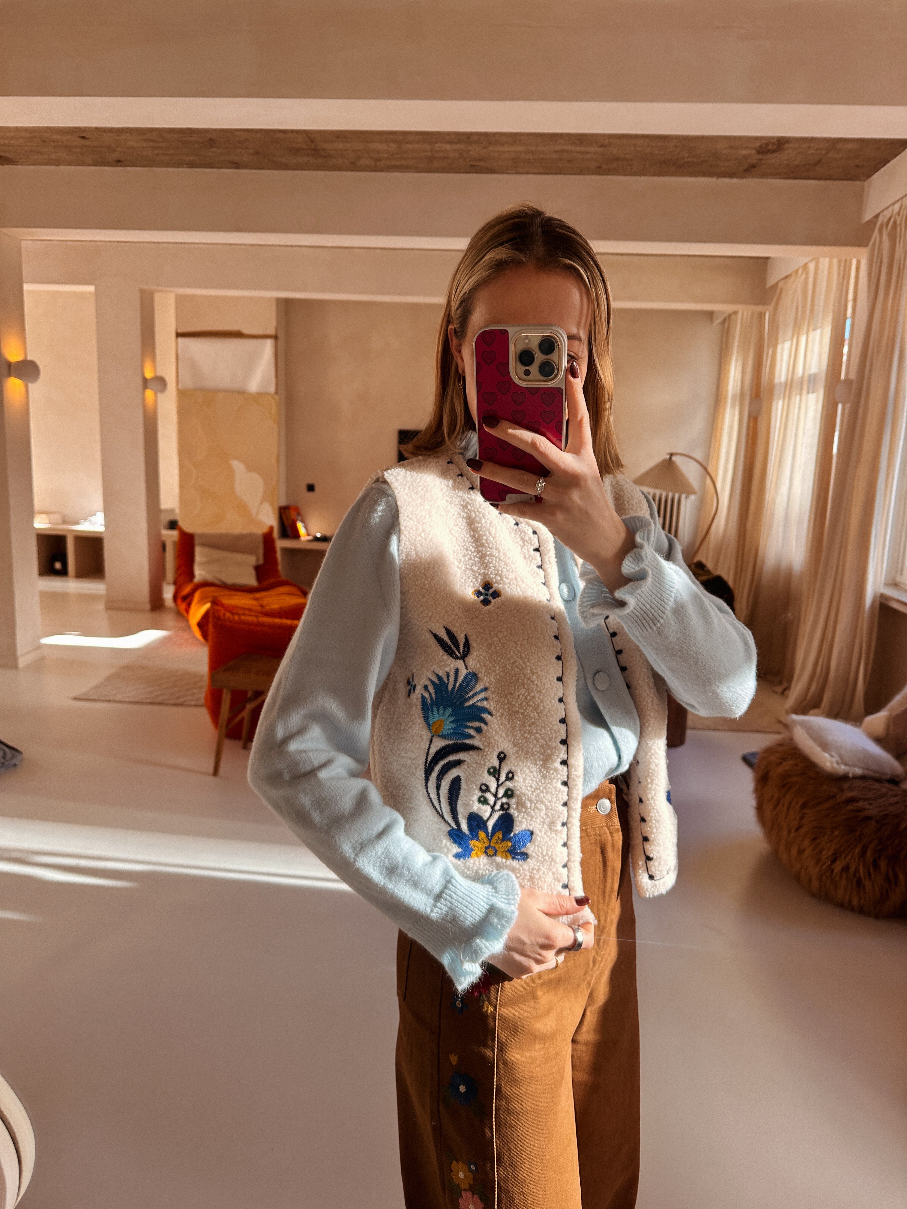 Aria teddy gilet gebloemd blauw