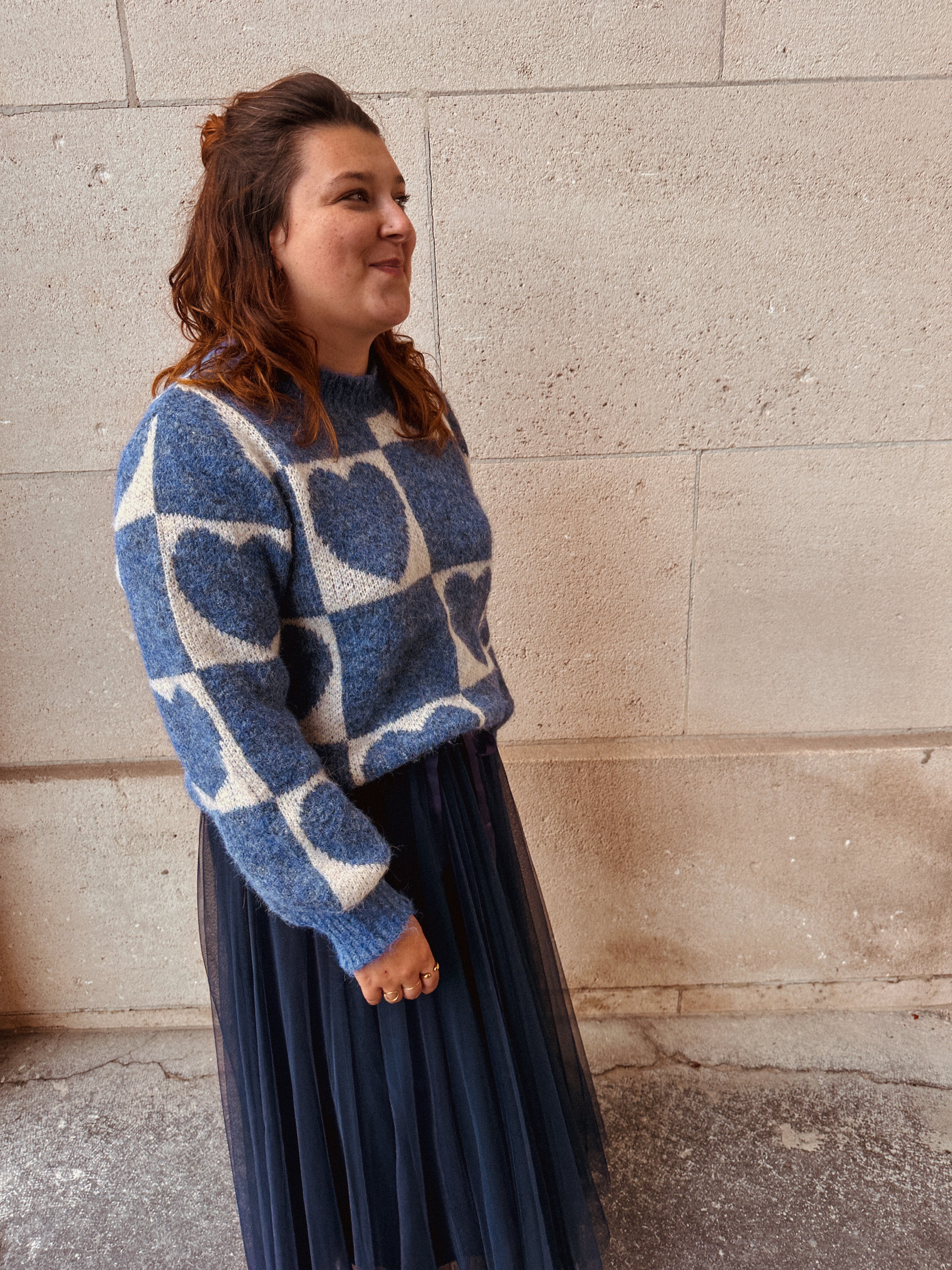 Liese trui blauw/ecru hartjes