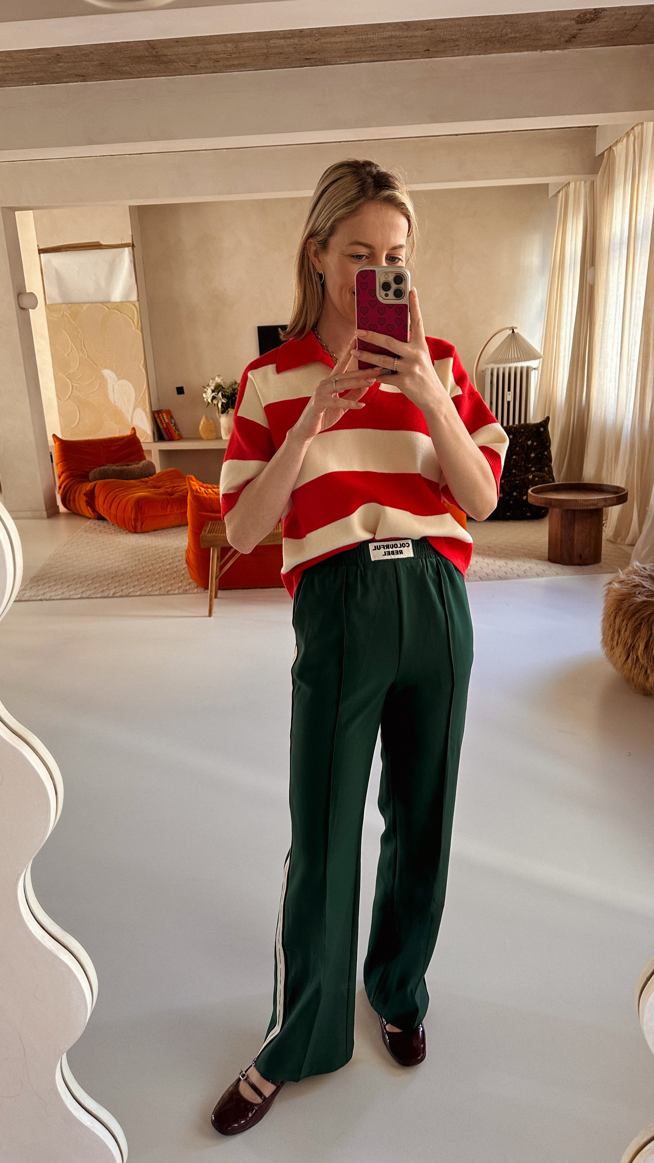 Nina polo trui korte mouwen rood/ecru