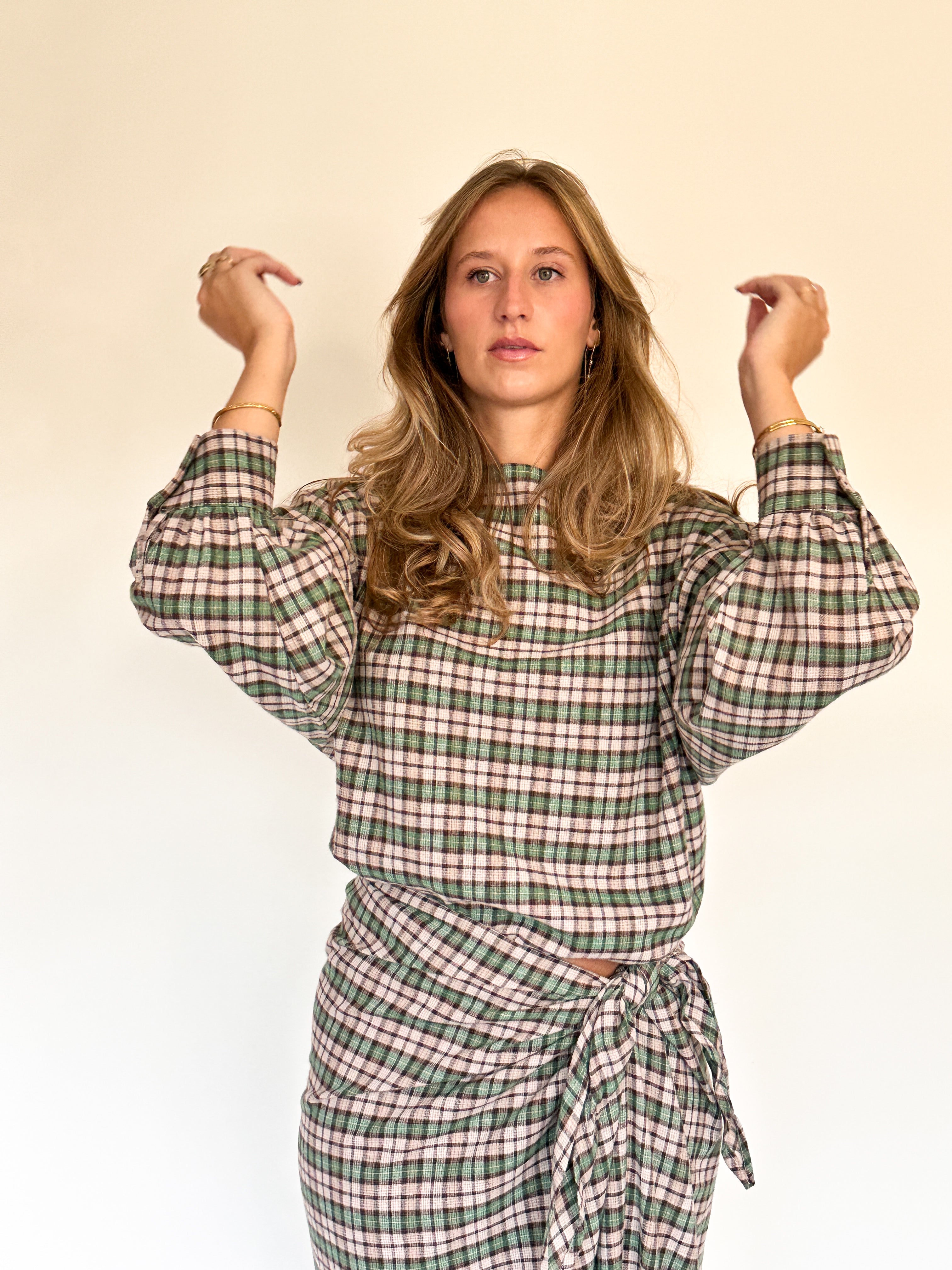 Romy blouse geruit crème/groen