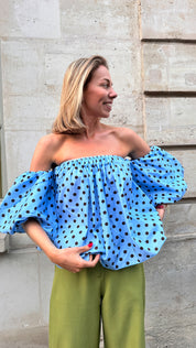Off-shoulder blouse lichtblauw polkadot
