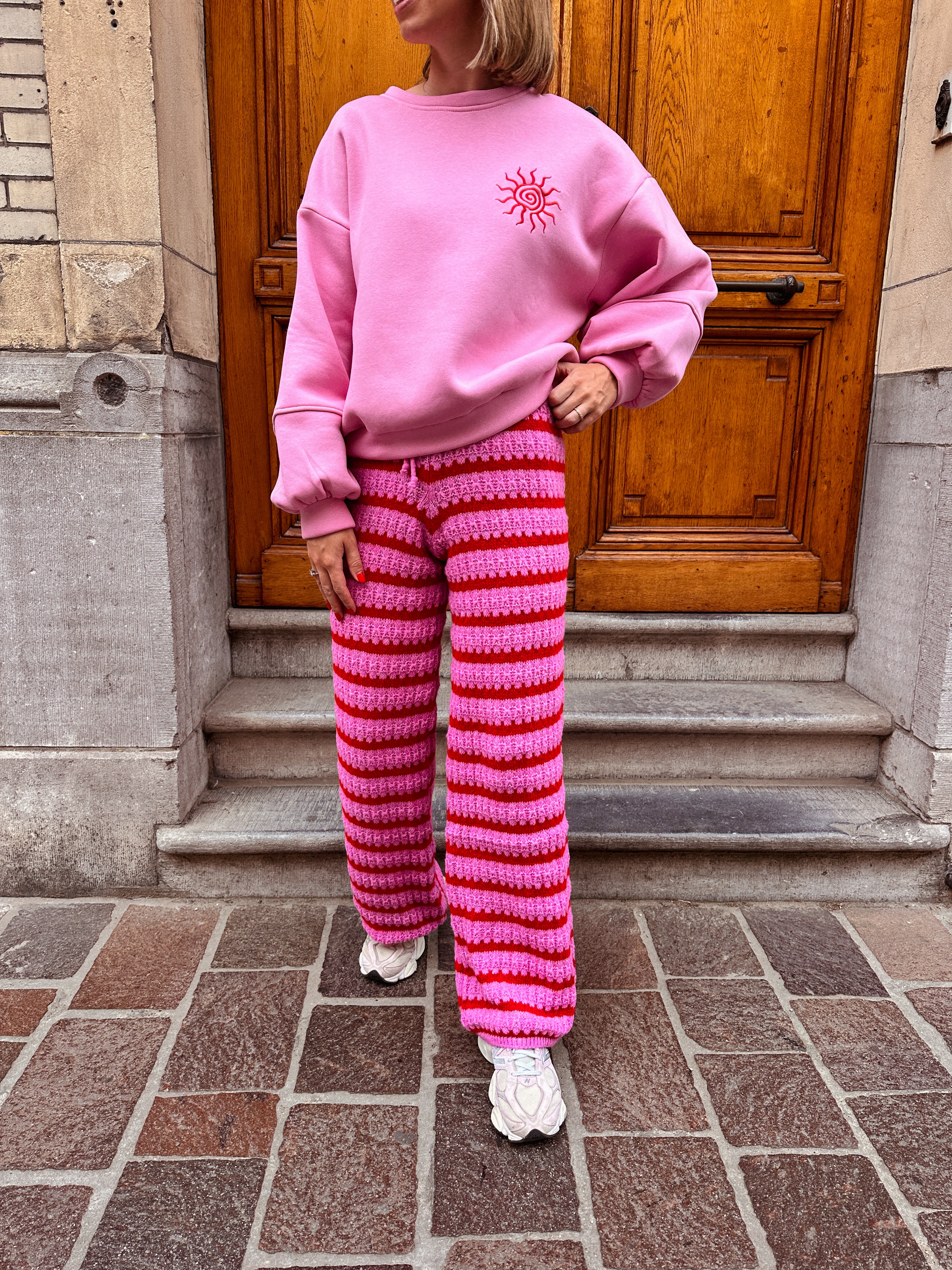 Mira wollen crochet broek roze gestreept