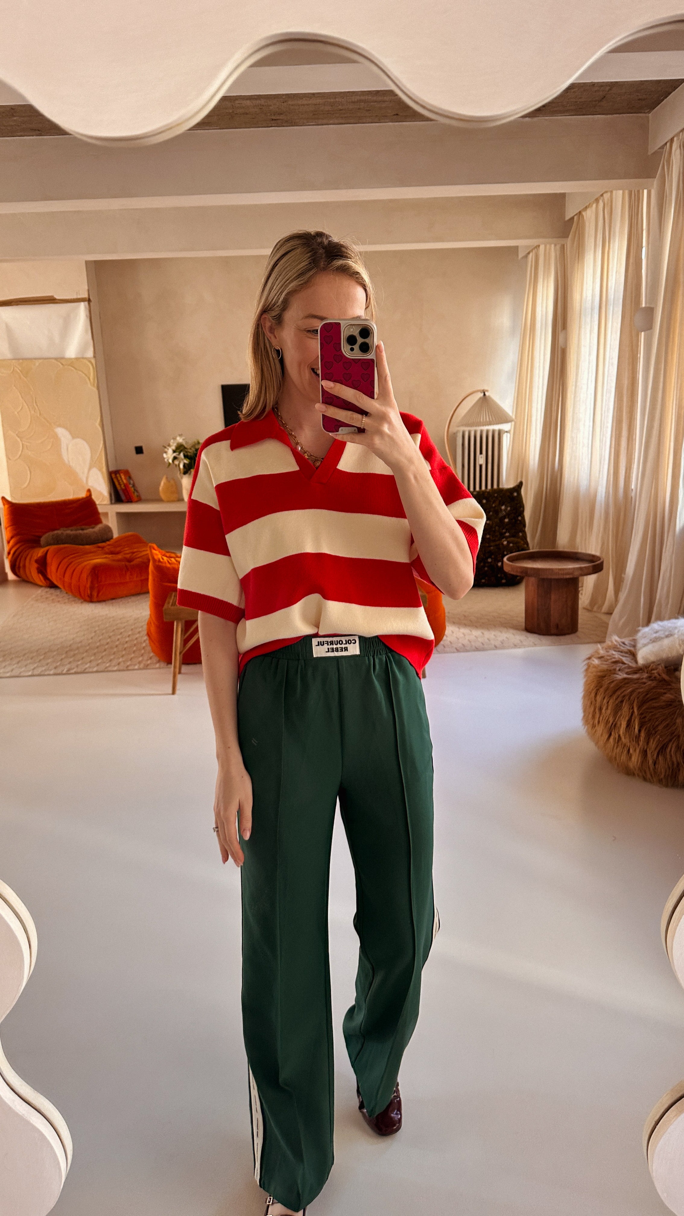 Nina polo trui korte mouwen rood/ecru
