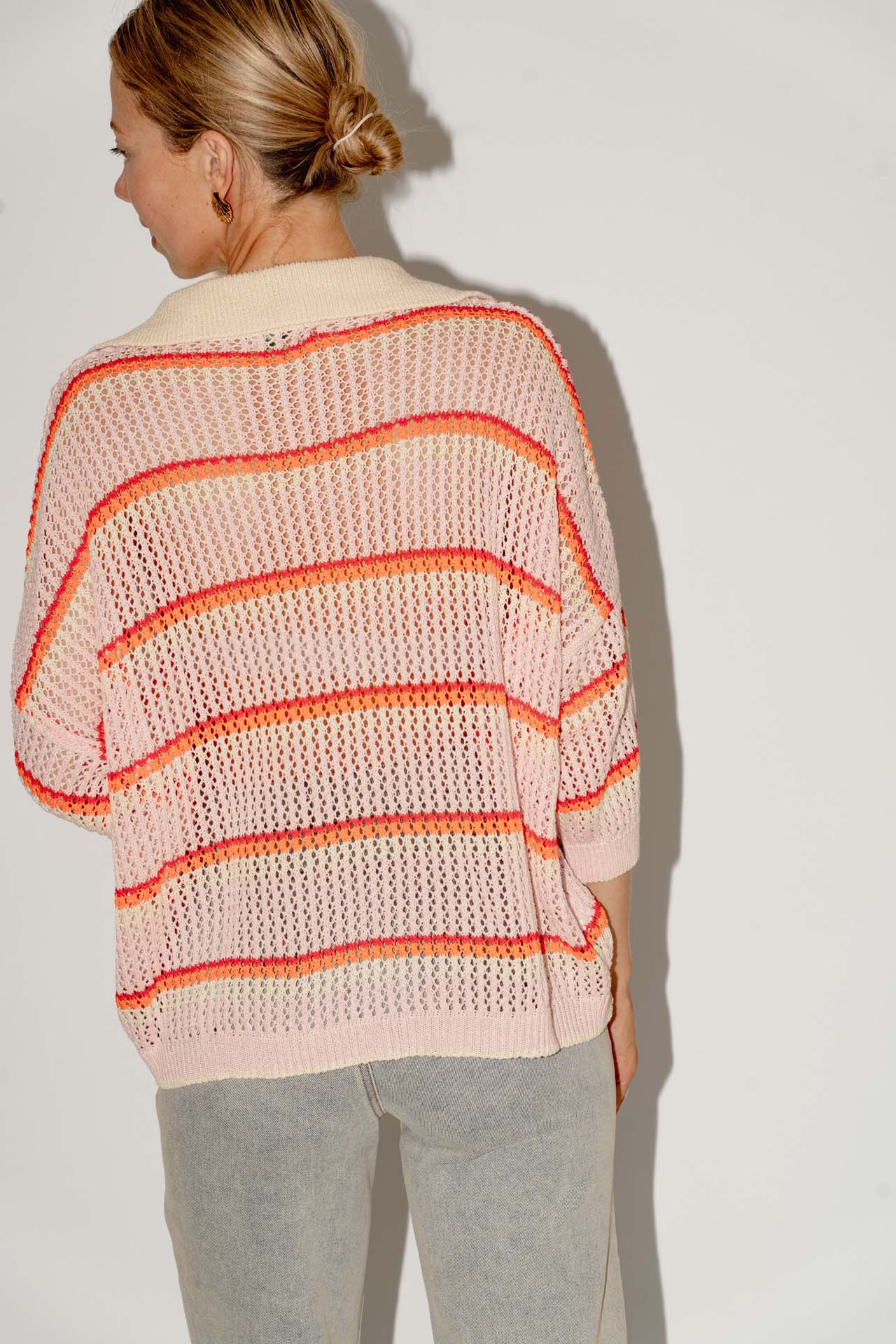 Belle gehaakte top roze/oranje gestreept