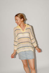 Belle gehaakte top geel/blauw gestreept