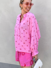 Mia katoenen blouse gestreept roze met rode strikjes