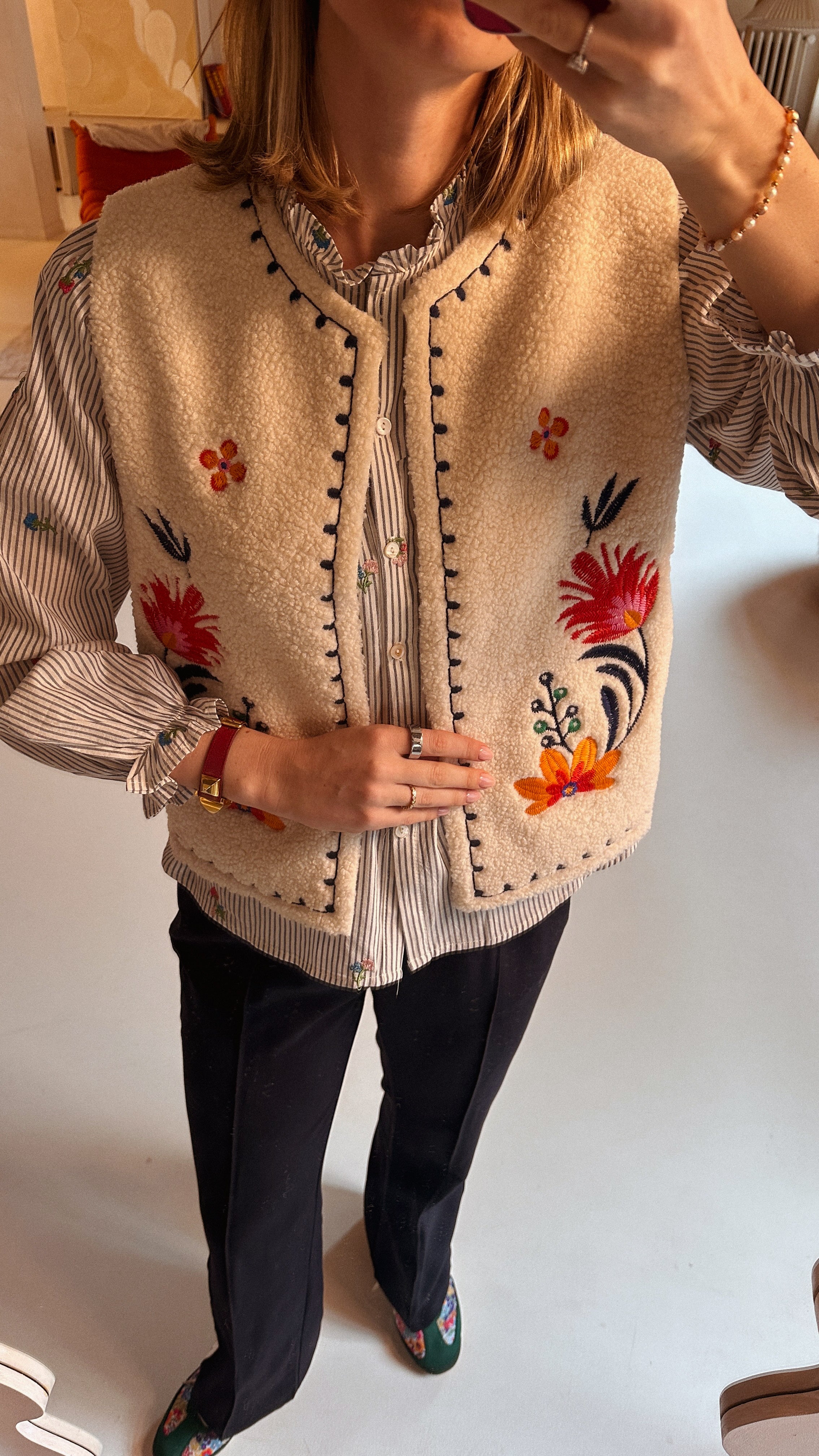 Aria teddy gilet gebloemd oranje