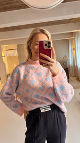 Elin trui met hartjes blauw/roze