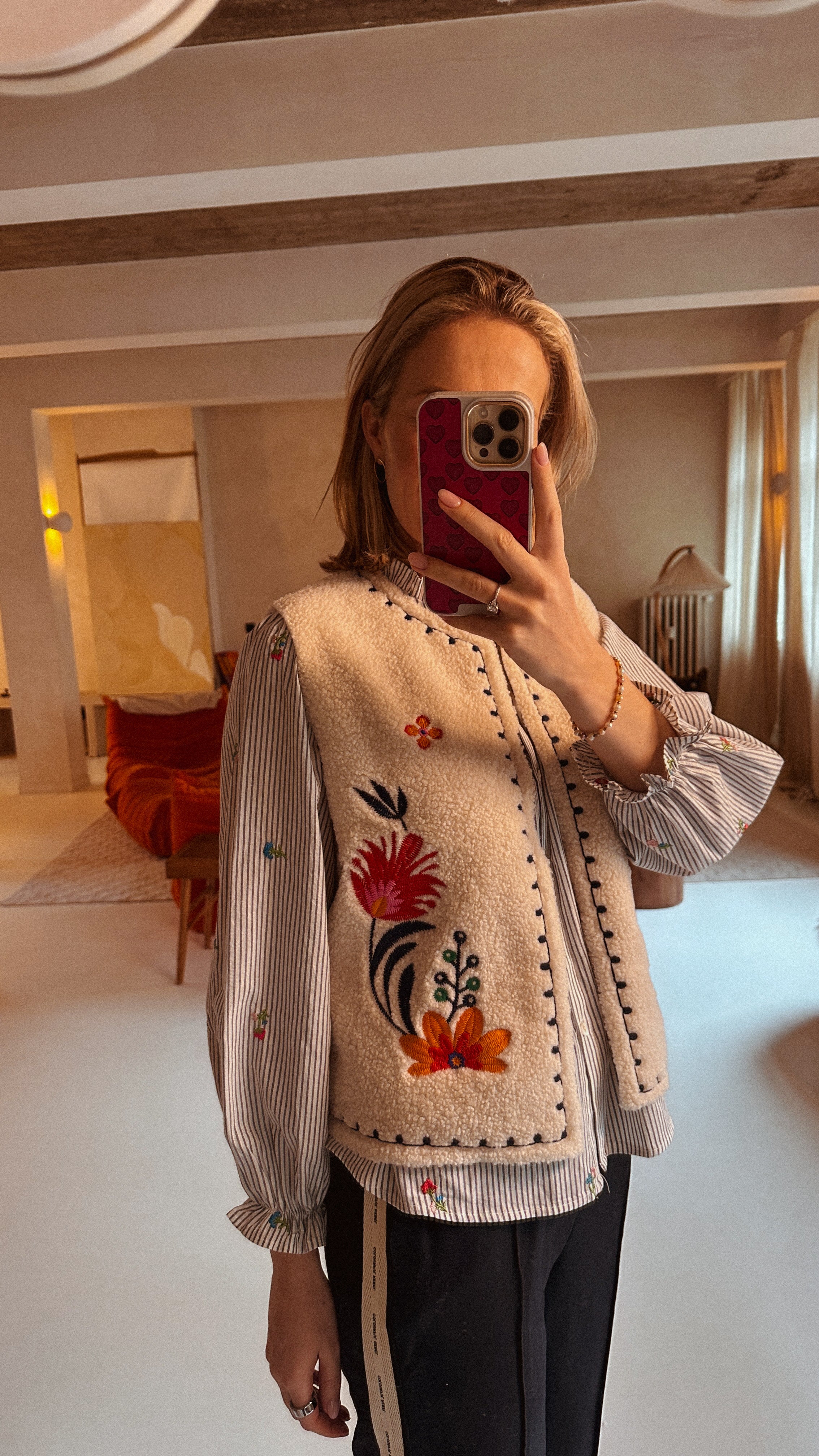 Aria teddy gilet gebloemd oranje