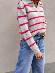 Laurence trui grijs/fuchsia gestreept
