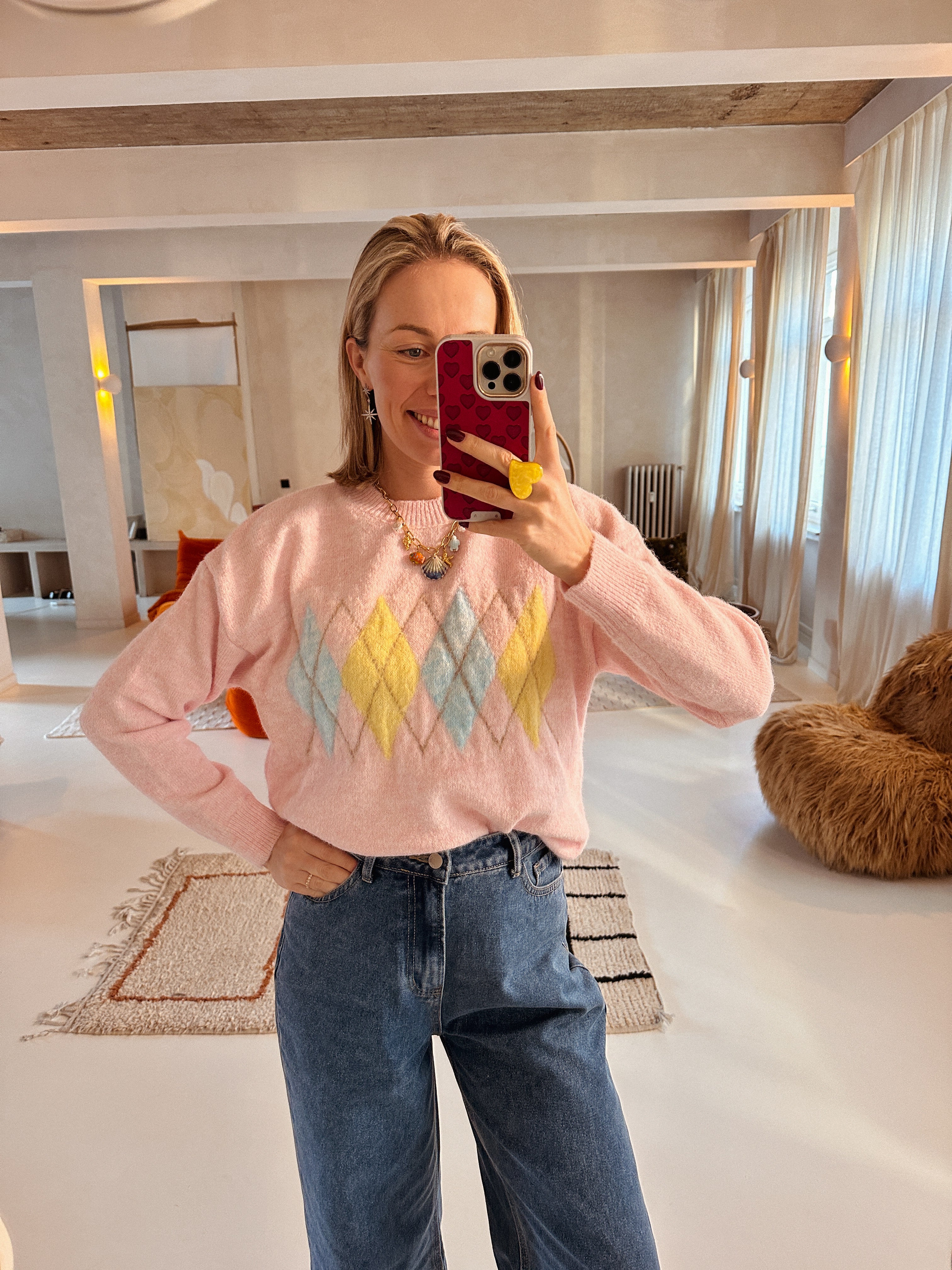 Mona trui roze geruit