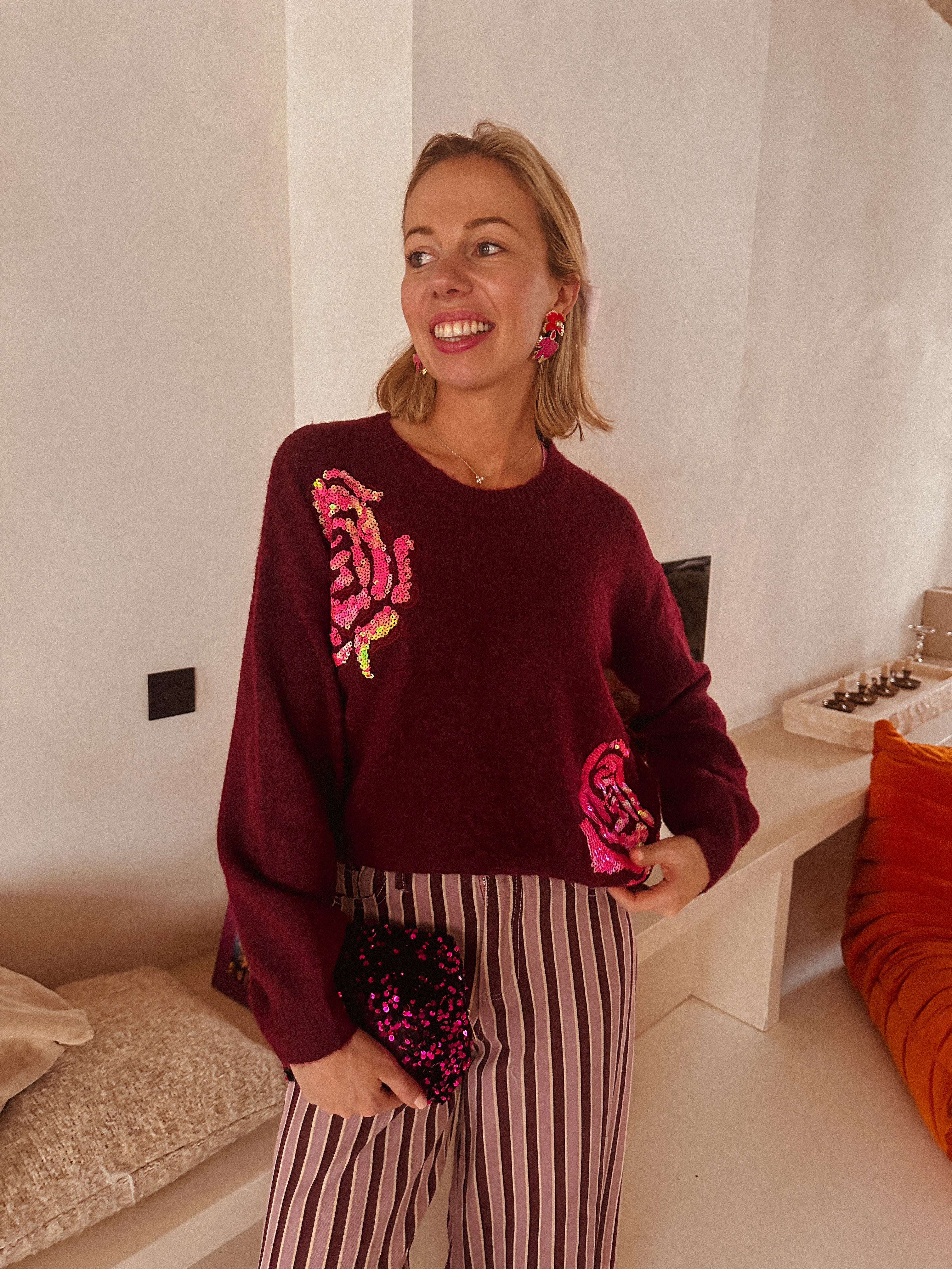 Jade trui Bordeaux gebloemd pailletten