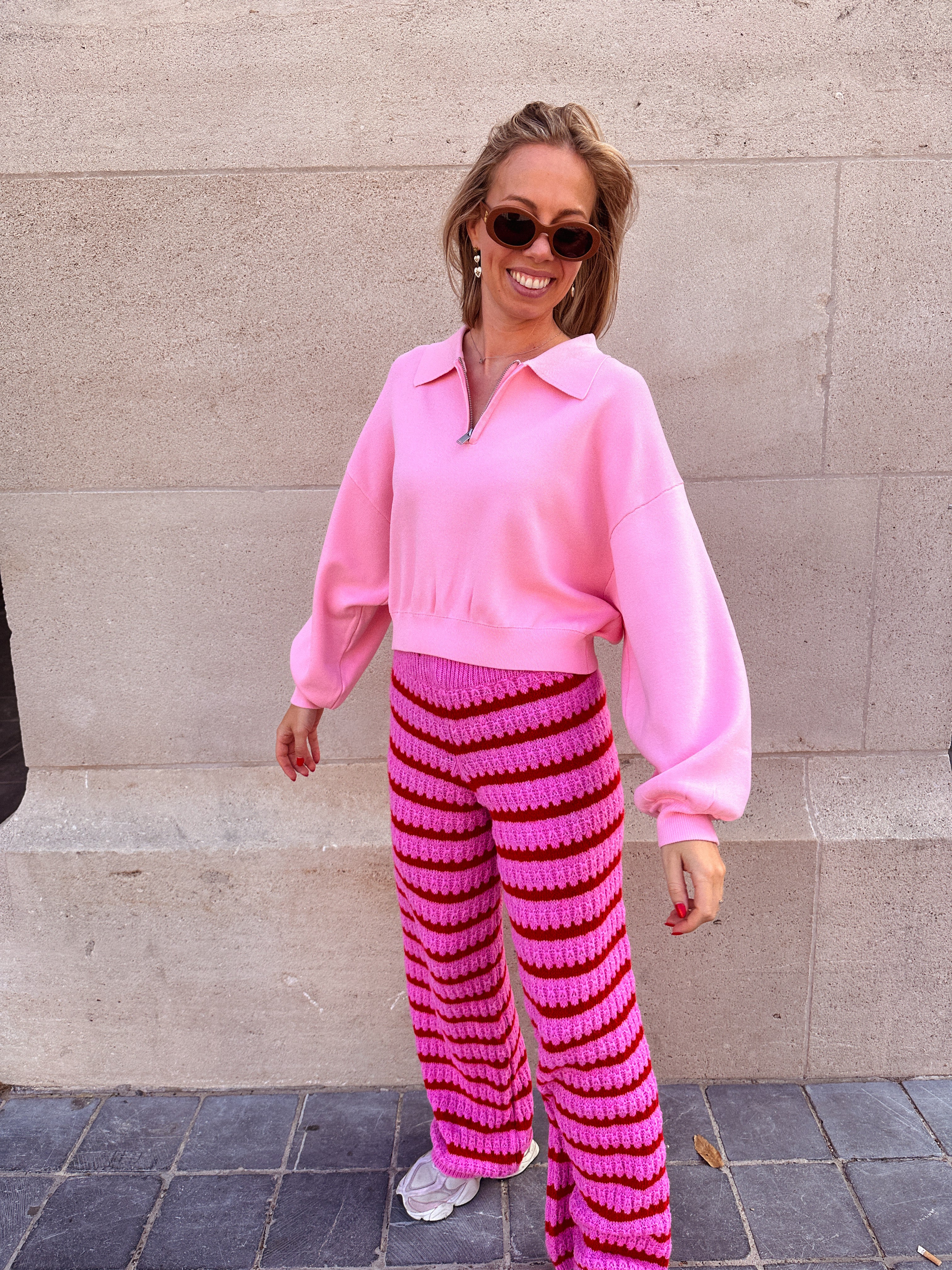 Mira wollen crochet broek roze gestreept