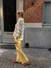 Belle gehaakte top geel/blauw gestreept