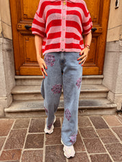 Rose jeans met bloemendetail