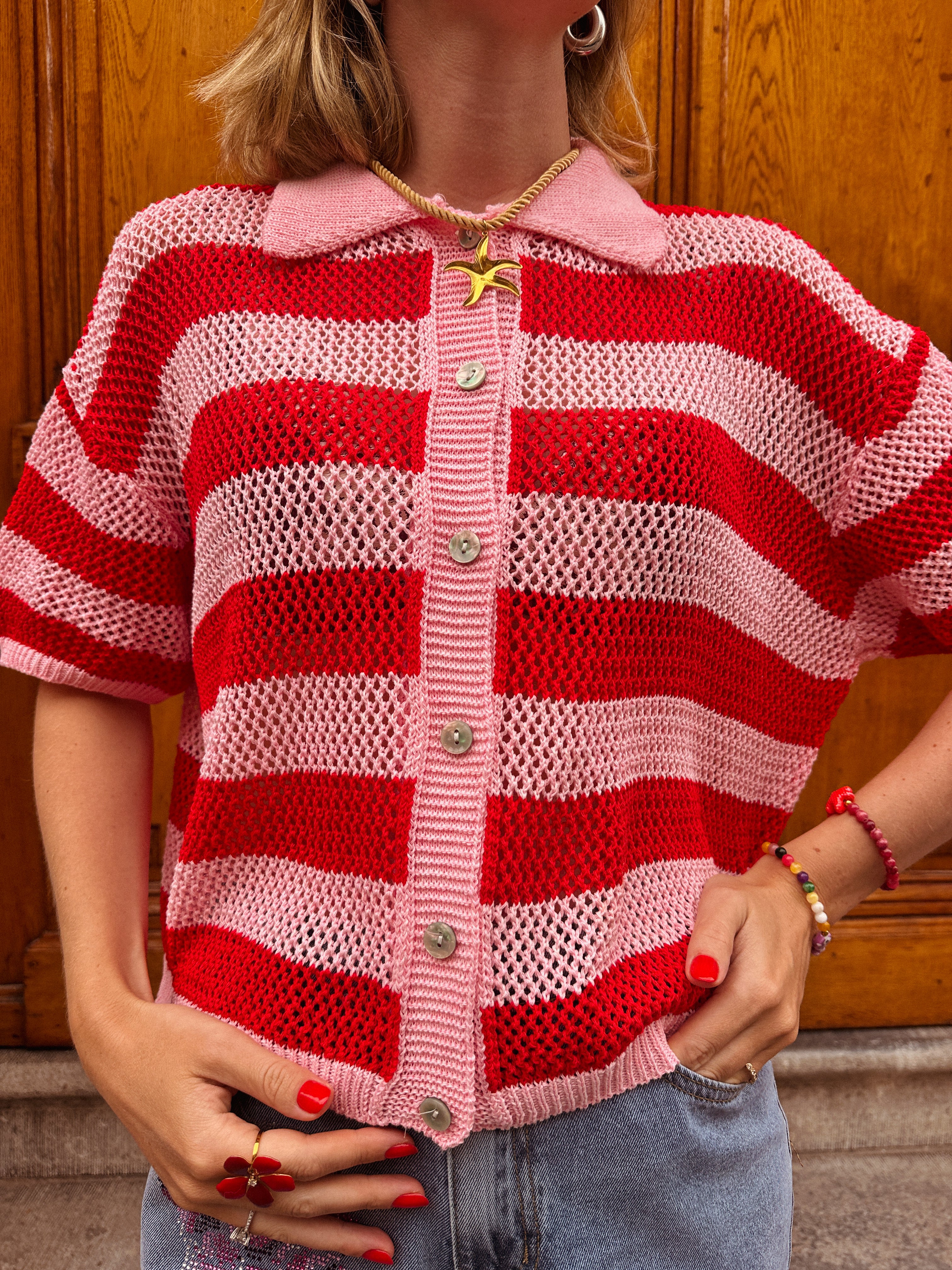 Ziva blouse crochet rood/roze